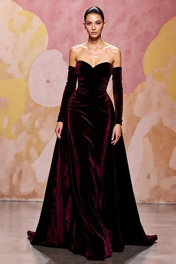Sweetheart Dark Red Velvet A Line Long Evening Dress